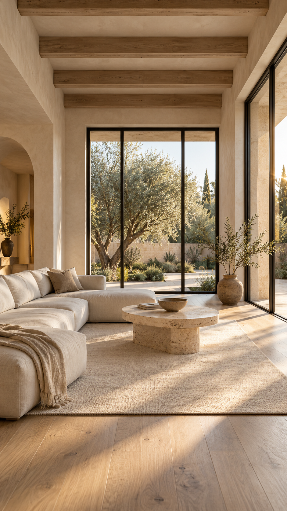 Fictional sunlit living room with warm timber beams and a cream sofa